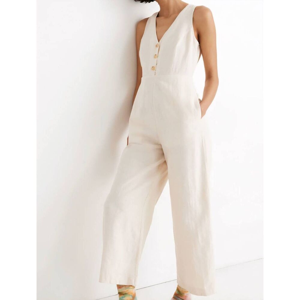 Madewell Jumpsuit Women's 0 Natural Linen Blend Sleeveless Wide Leg Button Front